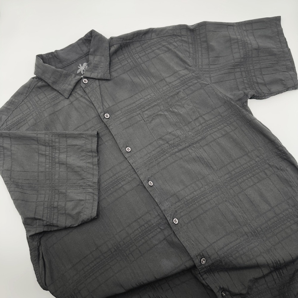Tommy Bahama Shirt Mens Large Black Excellent Silk Grid T34572 Tropical Camp